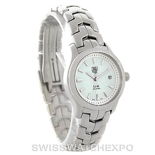 The image shows a Tag Heuer Link WJF1310 Women's Stainless Steel Mother of Pearl Dial WJF1310 Women's Stainless Steel Mother of Pearl Dial model watch angled to display the face, bezel, and part of the bracelet.