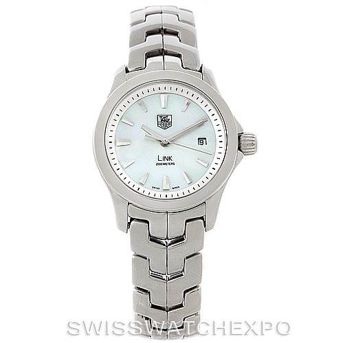 The image shows a frontal view of the Tag Heuer Link WJF1310 Women's Stainless Steel Mother of Pearl Dial WJF1310 Women's Stainless Steel Mother of Pearl Dial model watch, displaying the face, bezel, crown, and bracelet.