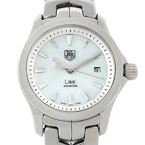 The image shows a full frontal view of the Tag Heuer Link WJF1310 Women's Stainless Steel Mother of Pearl Dial WJF1310 Women's Stainless Steel Mother of Pearl Dial watch model, including its dial, hands, crown, and part of the bracelet.