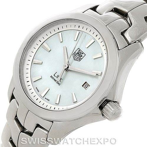 The image shows a Tag Heuer Link WJF1310 Women's Stainless Steel Mother of Pearl Dial WJF1310 Women's Stainless Steel Mother of Pearl Dial watch from a front angle, featuring its dial, hands, date window, and part of the bracelet.