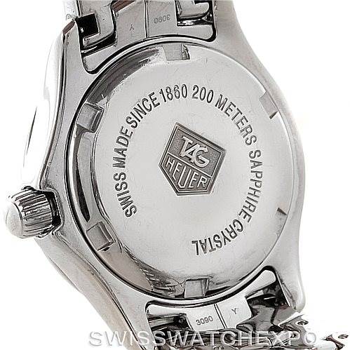 This image shows the back view of a Tag Heuer Link WJF1310 Women's Stainless Steel Mother of Pearl Dial WJF1310 Women's Stainless Steel Mother of Pearl Dial model watch, highlighting the case back and part of the bracelet.