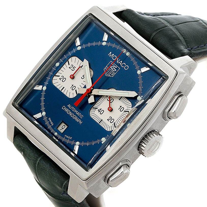 This Tag Heuer Monaco CW2113 Men's Stainless Steel Blue Dial CW2113 Men's Stainless Steel Blue Dial model watch is shown from a side angle, highlighting its blue dial, chronograph sub-dials, and crown.