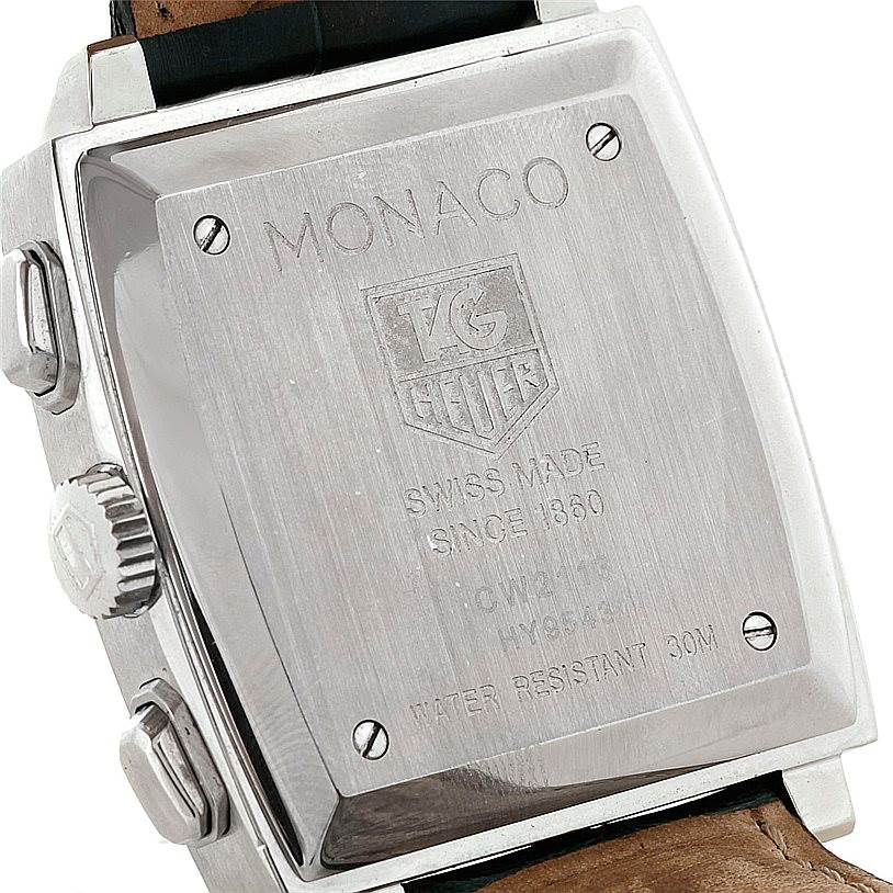 This image shows the case back and side buttons of the Tag Heuer Monaco CW2113 Men's Stainless Steel Blue Dial CW2113 Men's Stainless Steel Blue Dial watch.