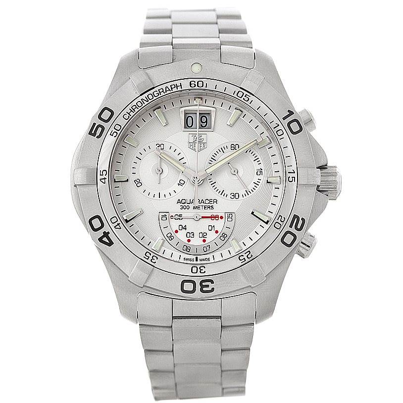 The image shows a front view of a Tag Heuer Aquaracer CAF101B Men
s Stainless Steel Silver Dial CAF101B Men
s Stainless Steel Silver Dial watch, displaying its face, bezel, and metal band.