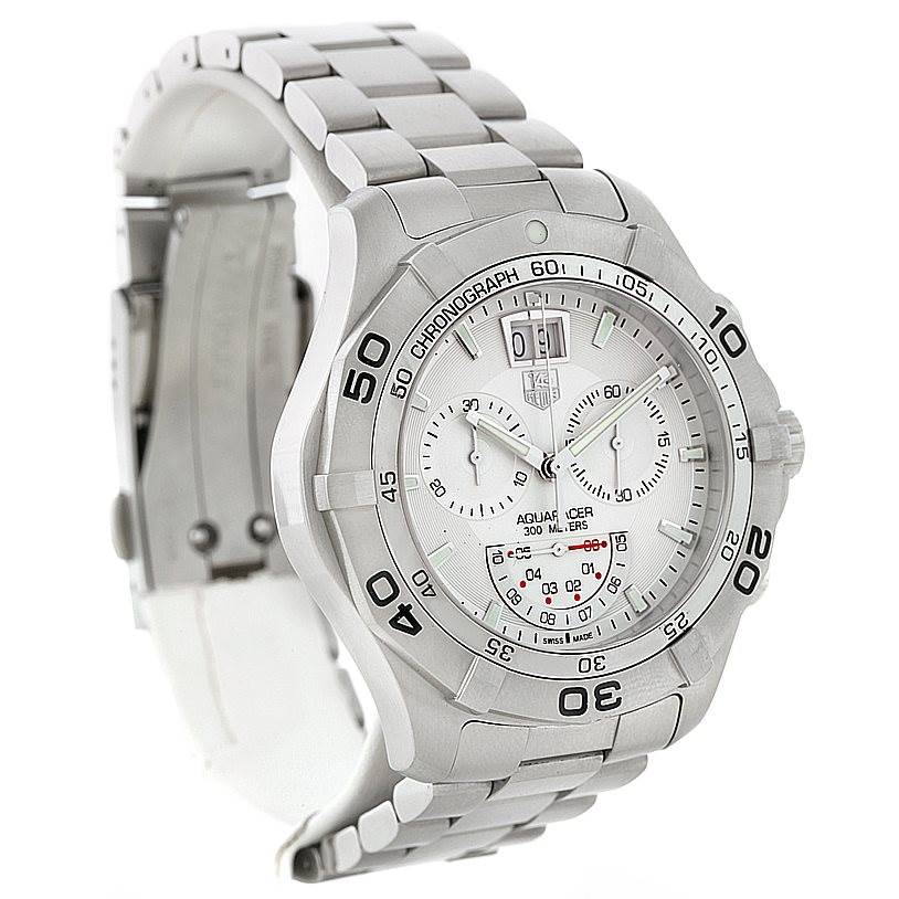 The image shows a front-left angled view of the Tag Heuer Aquaracer CAF101B Men
s Stainless Steel Silver Dial CAF101B Men
s Stainless Steel Silver Dial watch, highlighting its dial, bezel, and metal bracelet.