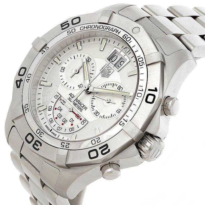 The Tag Heuer Aquaracer CAF101B Men
s Stainless Steel Silver Dial CAF101B Men
s Stainless Steel Silver Dial watch is shown at an angled view highlighting the bezel, chronograph subdials, and part of the bracelet.