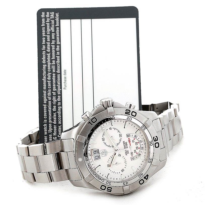 The Tag Heuer Aquaracer CAF101B Men
s Stainless Steel Silver Dial CAF101B Men
s Stainless Steel Silver Dial watch is shown from a front angle, featuring its dial, bezel, bracelet, and chronograph buttons.