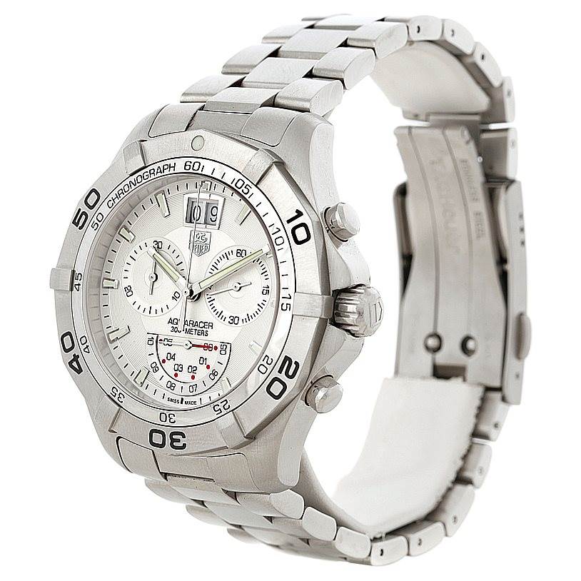 The image shows a Tag Heuer Aquaracer CAF101B Men
s Stainless Steel Silver Dial CAF101B Men
s Stainless Steel Silver Dial watch at an angle displaying the face, bezel, bracelet, and clasp.