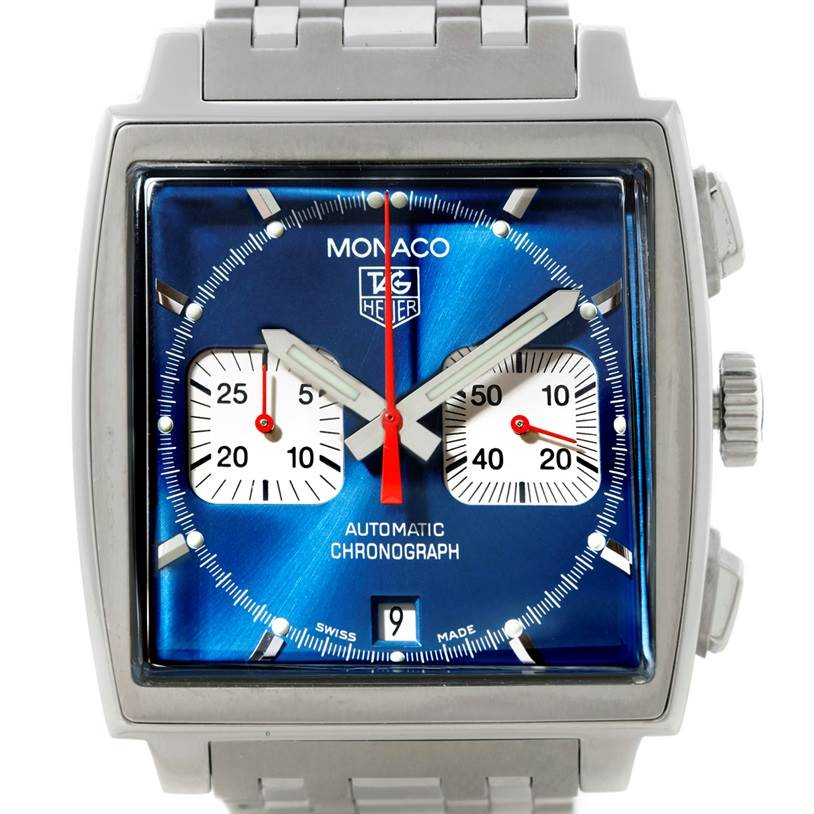 The image shows a frontal view of a Tag Heuer Monaco CW2113 Men's Stainless Steel Blue Dial CW2113 Men's Stainless Steel Blue Dial watch, highlighting its square blue dial, two subdials, and date window.