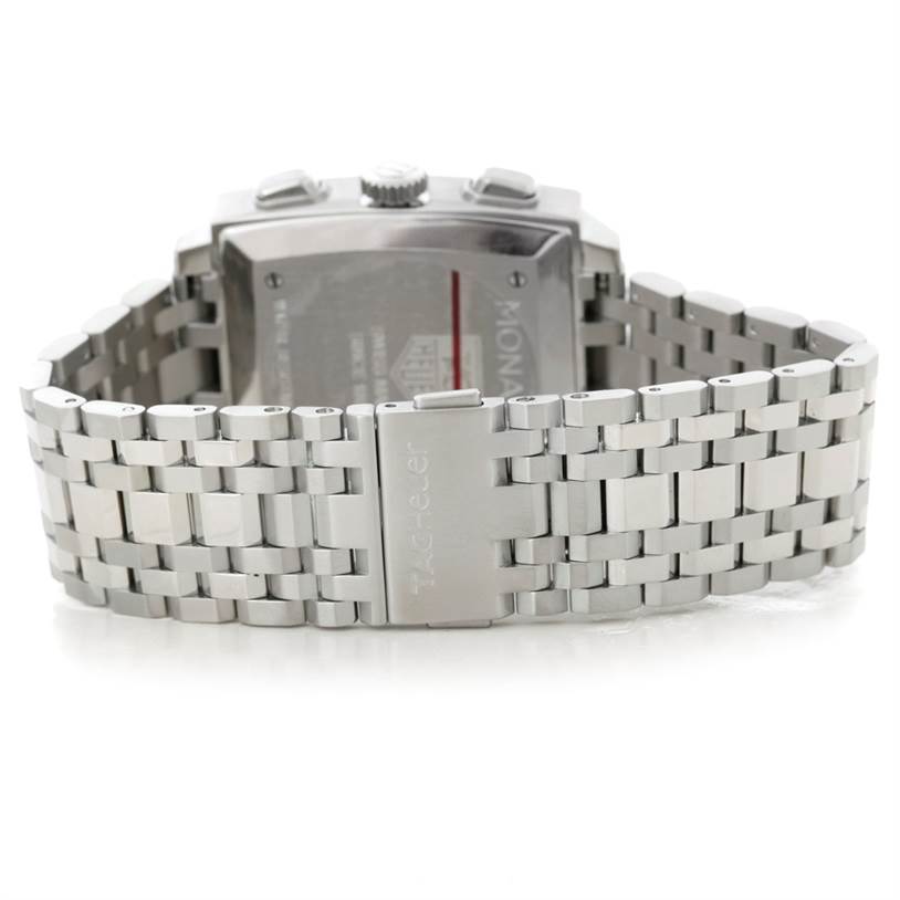 This image shows the back case and metal bracelet of a Tag Heuer Monaco CW2113 Men's Stainless Steel Blue Dial CW2113 Men's Stainless Steel Blue Dial model watch.
