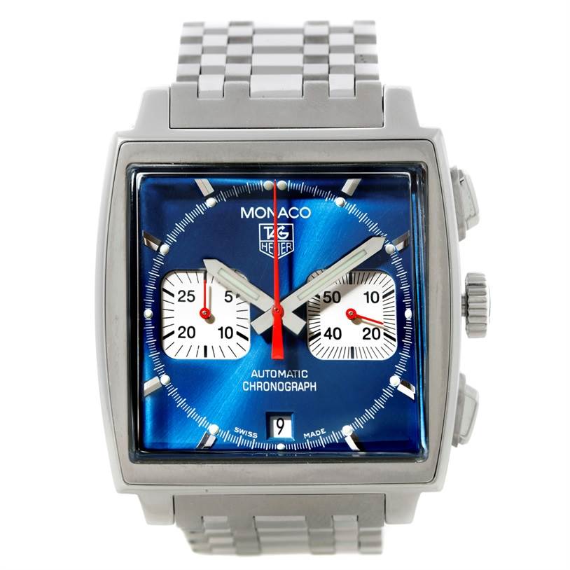 The image shows a front view of the Tag Heuer Monaco CW2113 Men's Stainless Steel Blue Dial CW2113 Men's Stainless Steel Blue Dial watch, highlighting its blue dial, square case, and chronograph sub-dials.