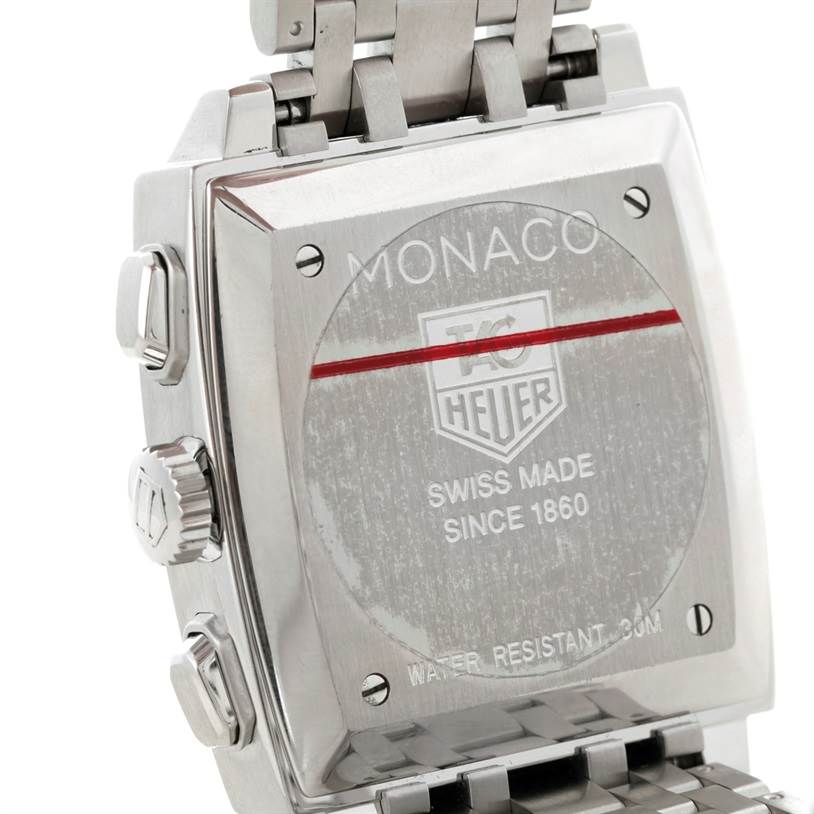 The image shows the back and side view of a Tag Heuer Monaco CW2113 Men's Stainless Steel Blue Dial CW2113 Men's Stainless Steel Blue Dial watch with a visible crown and pushers.