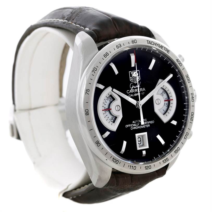 The image shows a side angle of the Tag Heuer Carrera CAV511A.FC6225 Men
s Stainless Steel Black Dial CAV511A.FC6225 Men
s Stainless Steel Black Dial watch, highlighting the dial, bezel, crown, and leather strap.