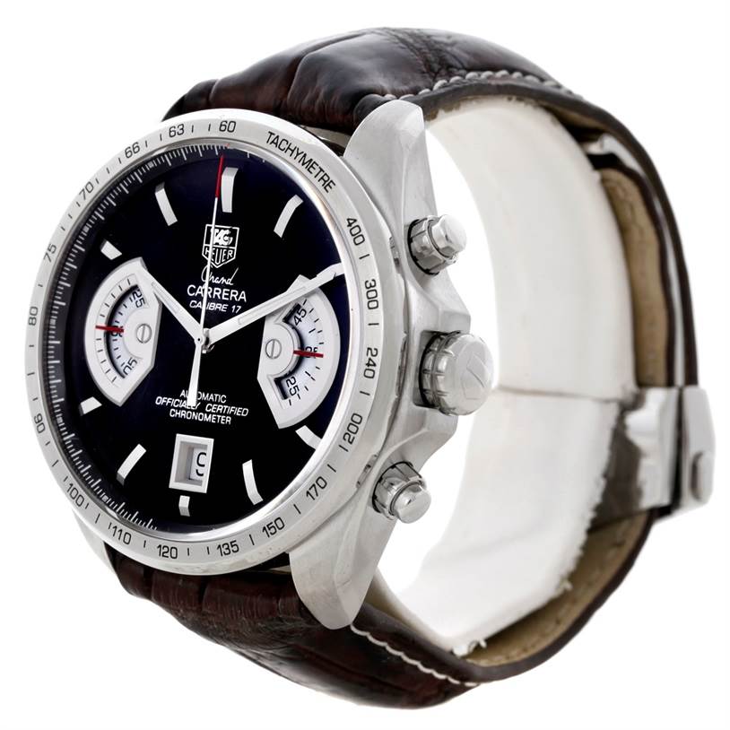 The image shows a side angle of the Tag Heuer Carrera CAV511A.FC6225 Men
s Stainless Steel Black Dial CAV511A.FC6225 Men
s Stainless Steel Black Dial watch, highlighting its face, bezel, crown, and leather strap.