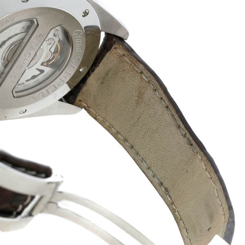 This image shows the underside of the case back and leather strap of a Tag Heuer Carrera CAV511A.FC6225 Men
s Stainless Steel Black Dial CAV511A.FC6225 Men
s Stainless Steel Black Dial watch at an angle.