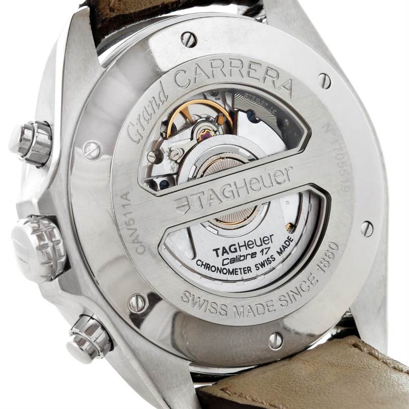 The image shows the back view of a Tag Heuer Carrera CAV511A.FC6225 Men
s Stainless Steel Black Dial CAV511A.FC6225 Men
s Stainless Steel Black Dial watch, revealing its exposed movement components.