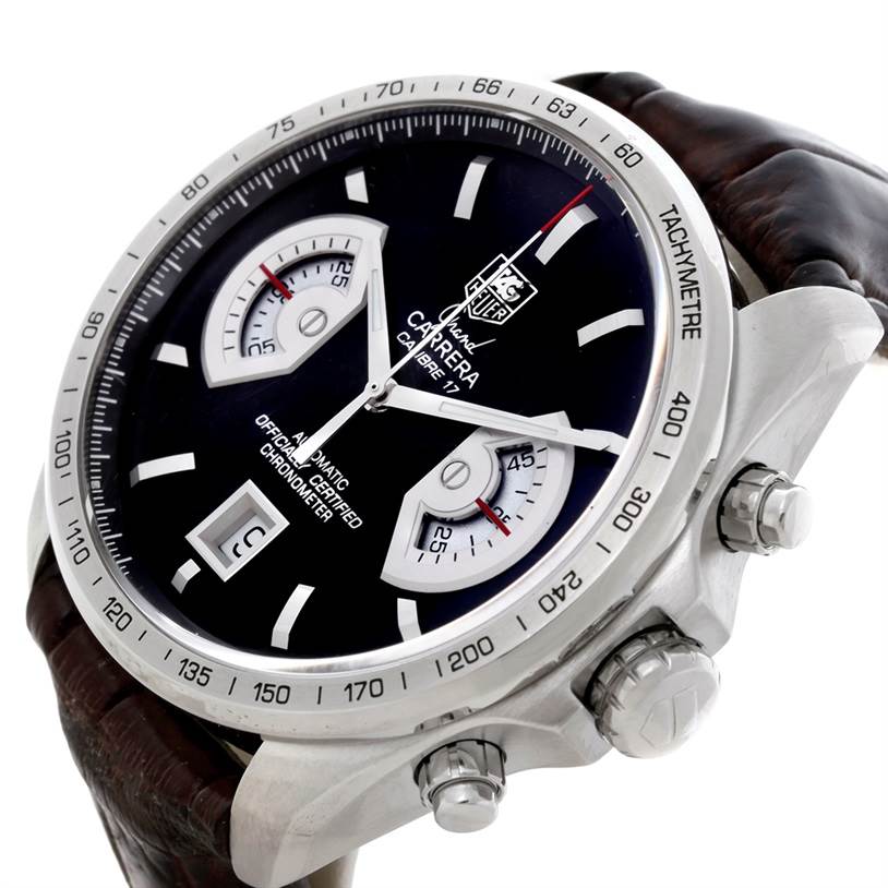 This image shows a side angle of the Tag Heuer Carrera CAV511A.FC6225 Men
s Stainless Steel Black Dial CAV511A.FC6225 Men
s Stainless Steel Black Dial watch, highlighting its dial, sub-dials, tachymeter, and crown.