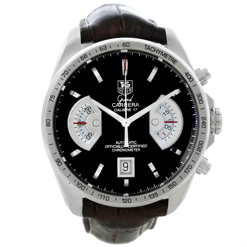 The image shows a top view of a Tag Heuer Carrera CAV511A.FC6225 Men
s Stainless Steel Black Dial CAV511A.FC6225 Men
s Stainless Steel Black Dial watch, highlighting its black dial, chronograph sub-dials, and leather strap.