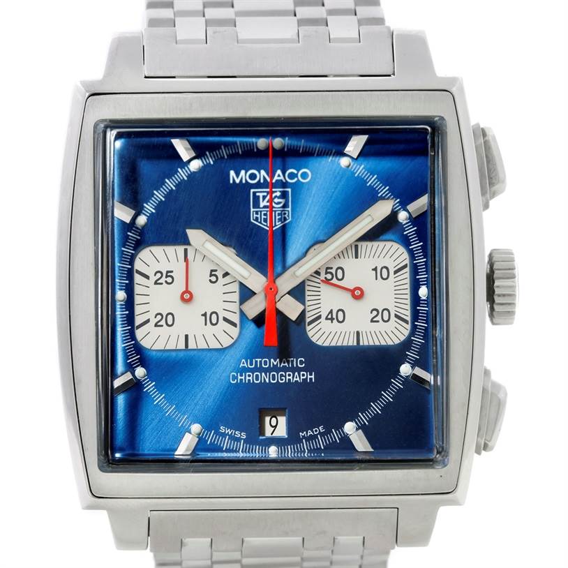 This image displays the front view of a Tag Heuer Monaco CW2113 Men's Stainless Steel Blue Dial CW2113 Men's Stainless Steel Blue Dial model chronograph watch, highlighting the dial and stopwatch features.