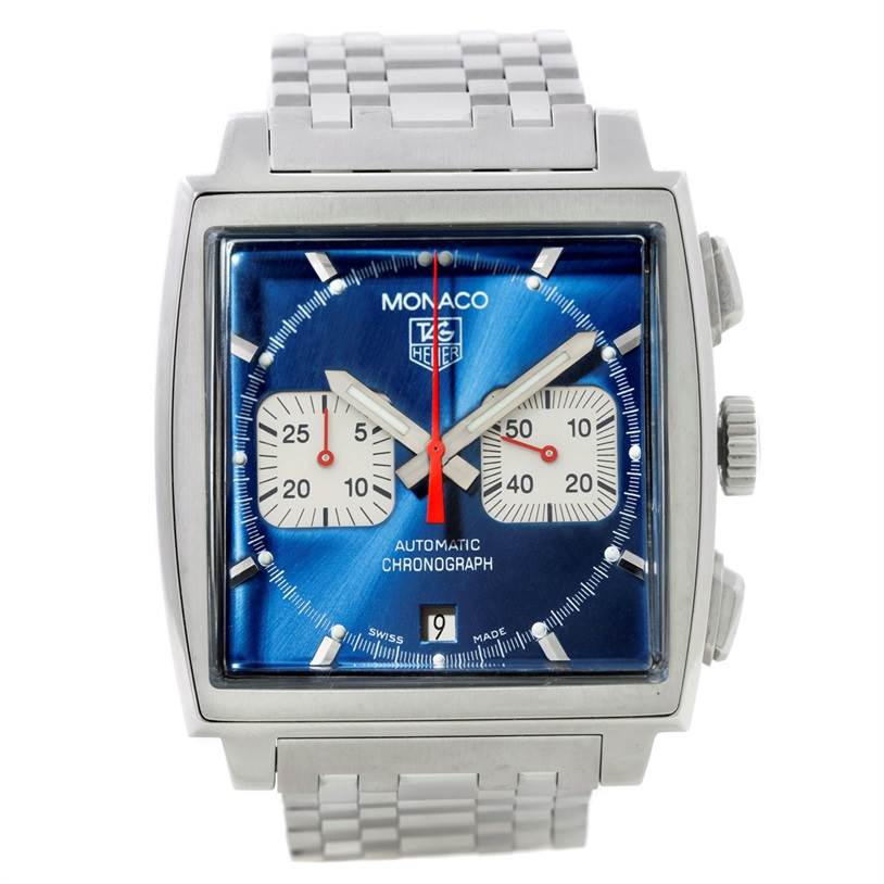 The image shows a head-on view of the Tag Heuer Monaco CW2113 Men's Stainless Steel Blue Dial CW2113 Men's Stainless Steel Blue Dial model watch, highlighting its blue dial, square case, and chronograph features.