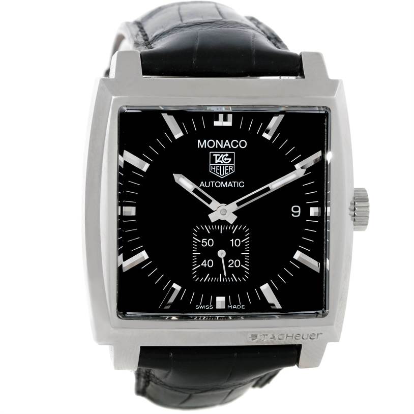 The image shows a front view of a Tag Heuer Monaco WW2110 Men's Stainless Steel Black Dial WW2110 Men's Stainless Steel Black Dial watch, highlighting its square face, black dial, and leather strap.