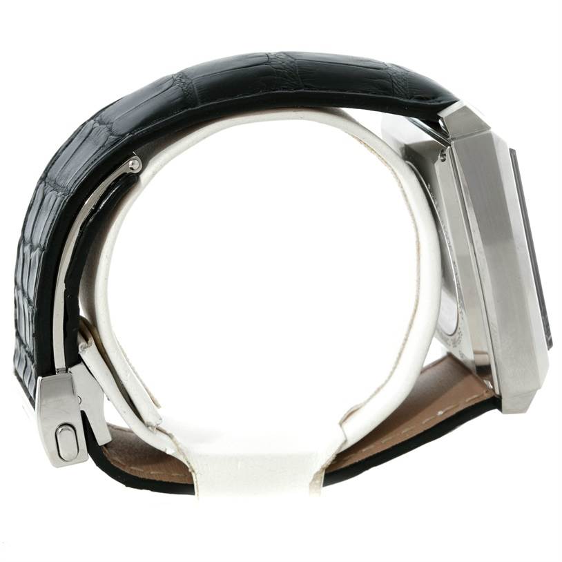 The image shows a side view of the Tag Heuer Monaco WW2110 Men's Stainless Steel Black Dial WW2110 Men's Stainless Steel Black Dial watch with a visible leather strap and metal case.