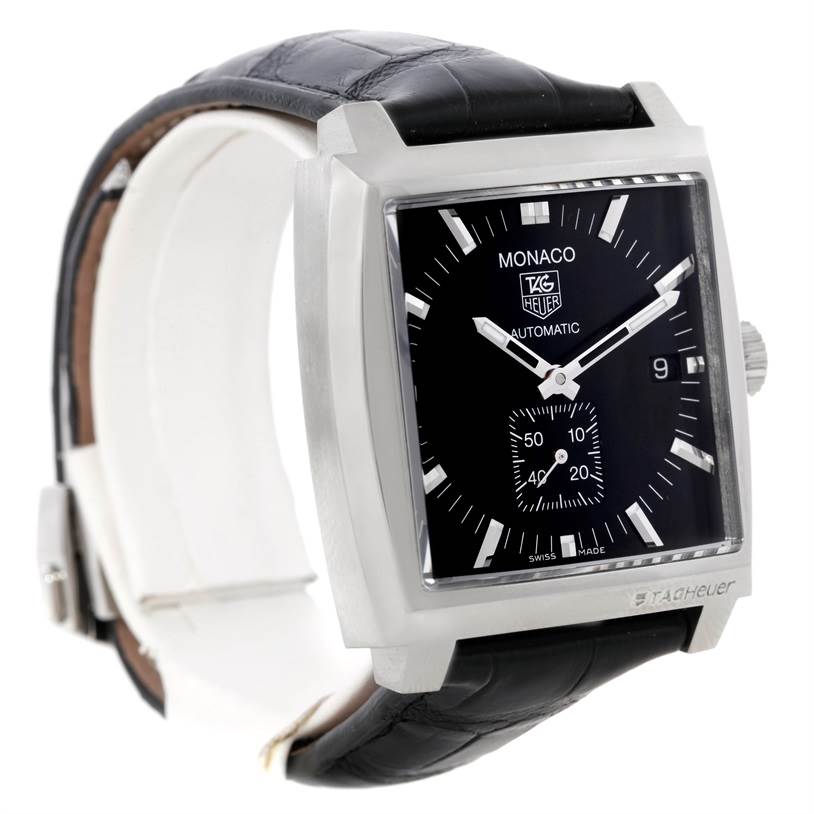 This is a Tag Heuer Monaco WW2110 Men's Stainless Steel Black Dial WW2110 Men's Stainless Steel Black Dial watch shown at a three-quarter angle, highlighting the face, black strap, and crown.