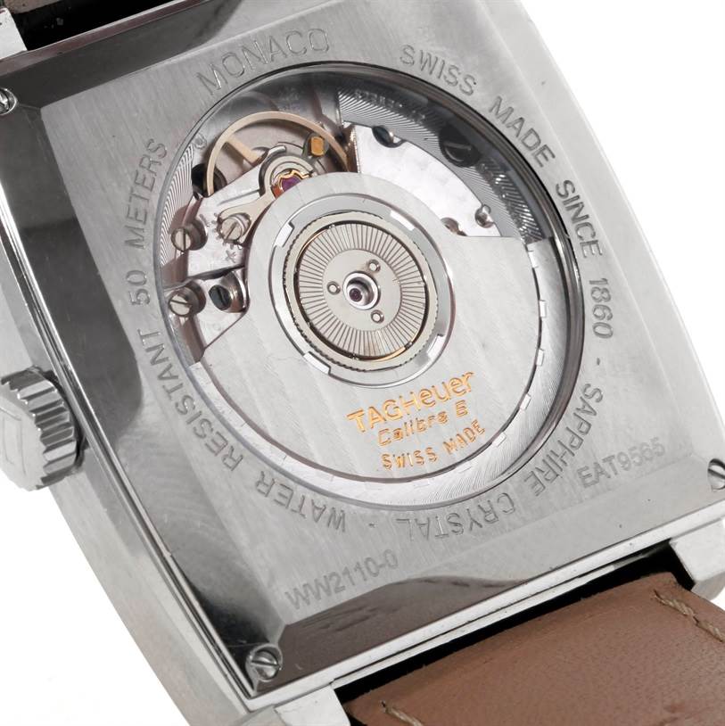 This image shows the back view of a Tag Heuer Monaco WW2110 Men's Stainless Steel Black Dial WW2110 Men's Stainless Steel Black Dial watch, revealing its internal movement and specifications.