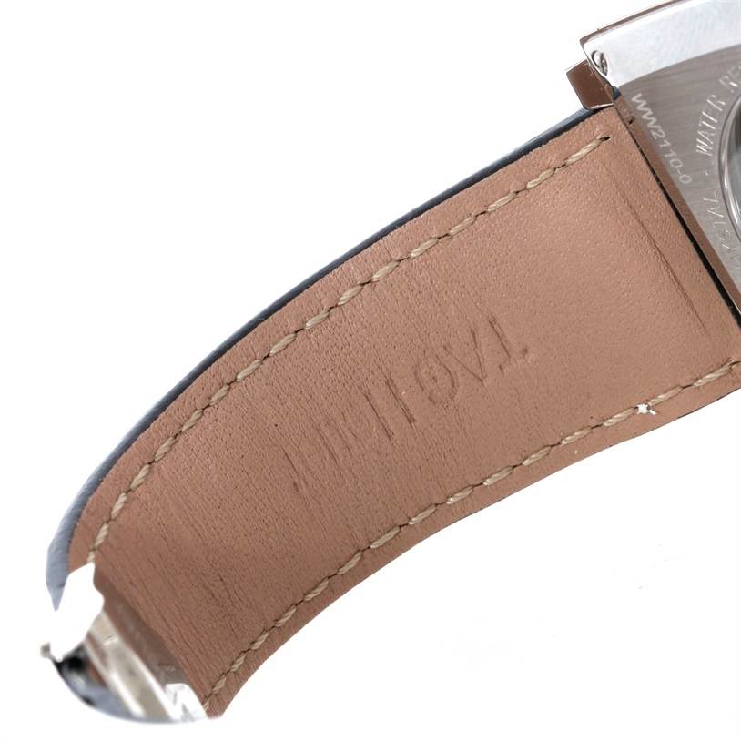 The image shows the underside of the leather strap and part of the case back of a Tag Heuer Monaco WW2110 Men's Stainless Steel Black Dial WW2110 Men's Stainless Steel Black Dial watch.