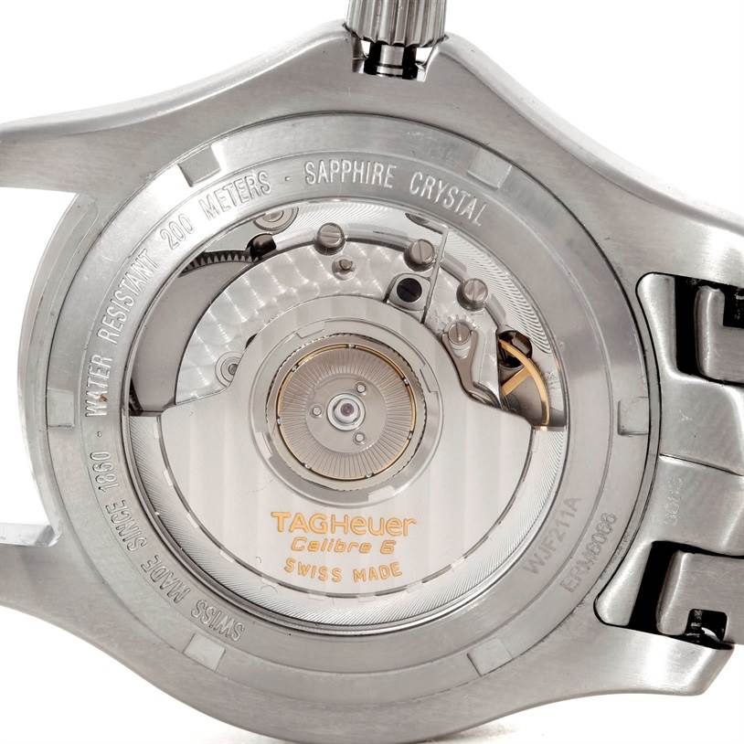 This image shows the back view of a Tag Heuer Link WJF211A Men's Stainless Steel Black Dial WJF211A Men's Stainless Steel Black Dial model watch, displaying its Calibre 6 movement and internal mechanisms.