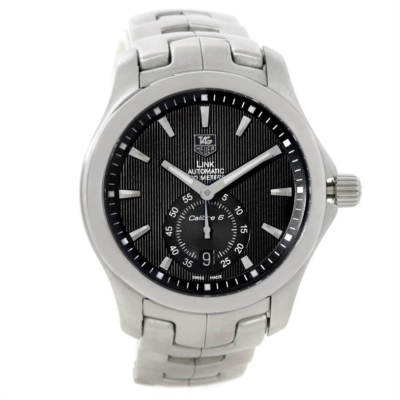 The image shows a front view of the Tag Heuer Link WJF211A Men's Stainless Steel Black Dial WJF211A Men's Stainless Steel Black Dial model watch, highlighting the face and part of the bracelet.