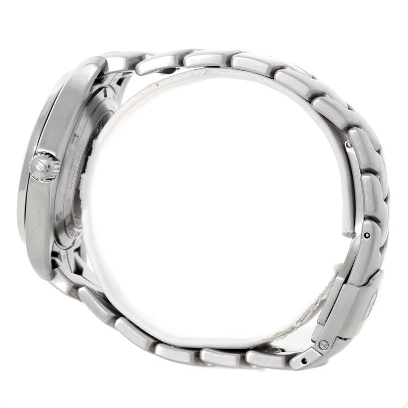 This image shows a side profile of a Tag Heuer Link WJF211A Men's Stainless Steel Black Dial WJF211A Men's Stainless Steel Black Dial model watch, highlighting the crown, case, and stainless steel bracelet.