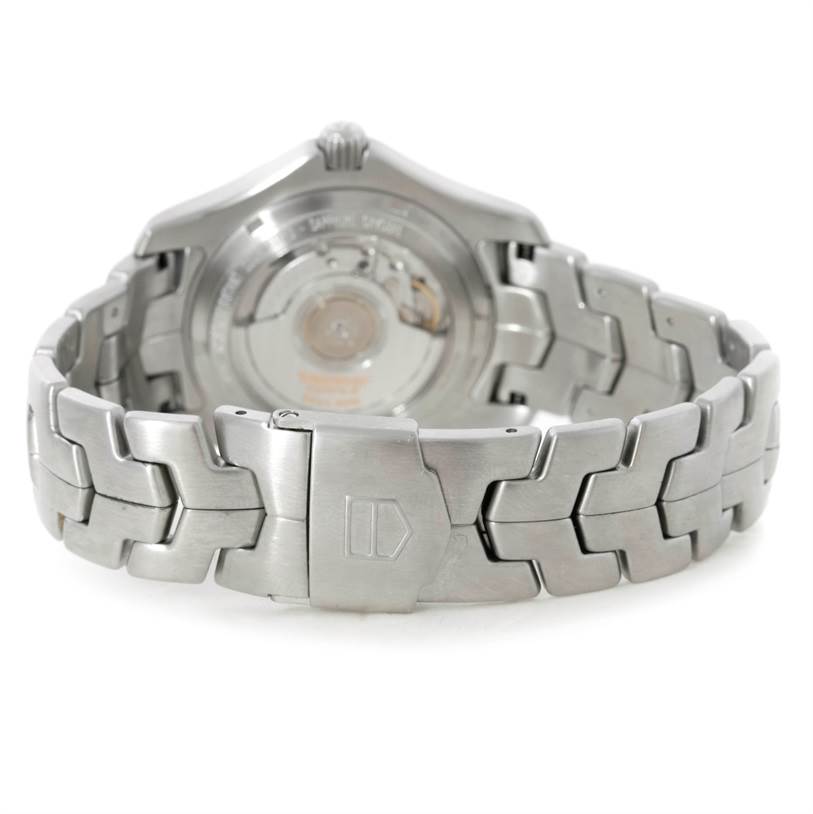 The image shows the Tag Heuer Link WJF211A Men's Stainless Steel Black Dial WJF211A Men's Stainless Steel Black Dial model's back view and stainless steel bracelet.