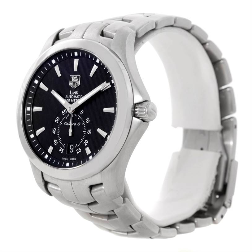 This image showcases a Tag Heuer Link WJF211A Men's Stainless Steel Black Dial WJF211A Men's Stainless Steel Black Dial model watch, viewed from a front angled perspective, highlighting the dial, bezel, and chain link bracelet.