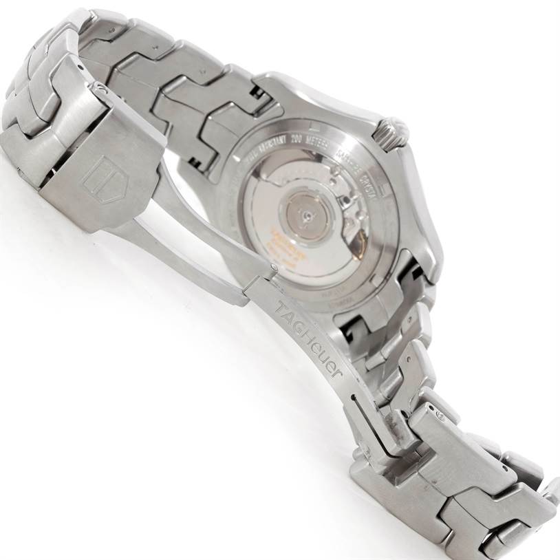 The image shows the back of the Tag Heuer Link WJF211A Men's Stainless Steel Black Dial WJF211A Men's Stainless Steel Black Dial model watch, highlighting the clasp and part of the bracelet.