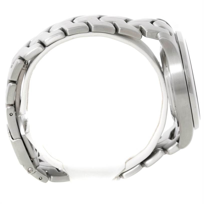 The image shows a side view of a Tag Heuer Link WJF211A Men's Stainless Steel Black Dial WJF211A Men's Stainless Steel Black Dial watch, highlighting its stainless steel bracelet and case.