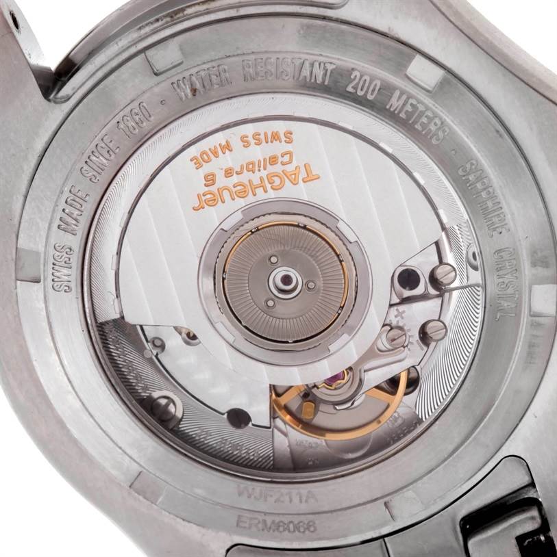 This image shows the back view of a Tag Heuer Link WJF211A Men's Stainless Steel Black Dial WJF211A Men's Stainless Steel Black Dial model watch, highlighting the internal mechanical movement.