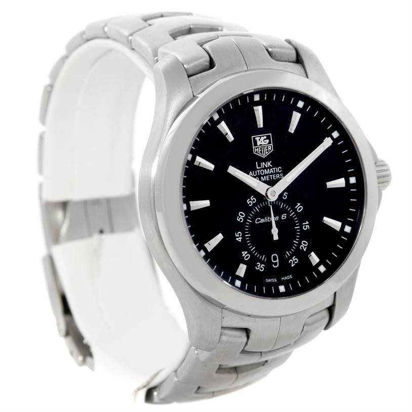 This image shows a Tag Heuer Link WJF211A Men's Stainless Steel Black Dial WJF211A Men's Stainless Steel Black Dial watch from a slightly left-front angle, showcasing the dial and part of the metal bracelet.