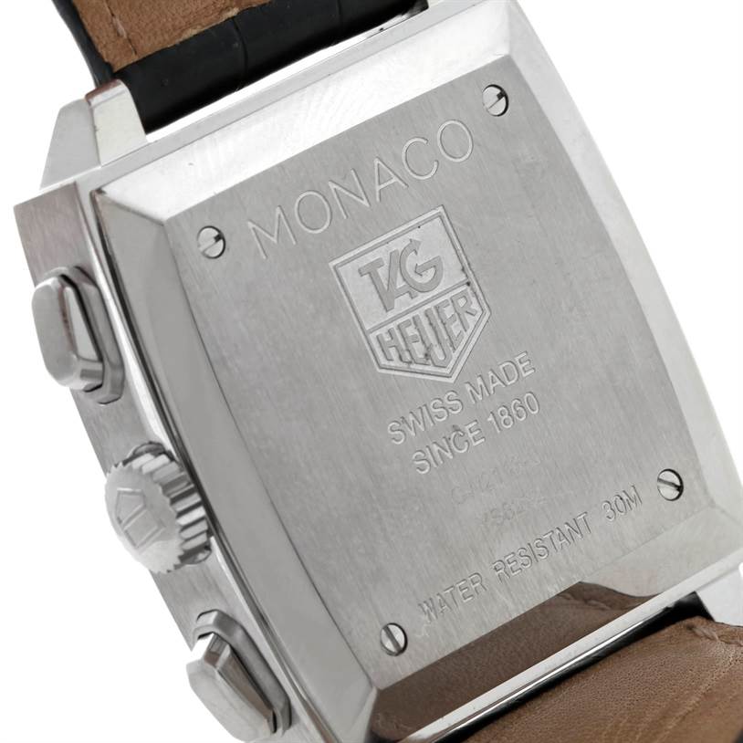 The image shows the back side and part of the strap of a Tag Heuer Monaco CW2113 Men's Stainless Steel Blue Dial CW2113 Men's Stainless Steel Blue Dial watch, including the brand engraving and water resistance details.
