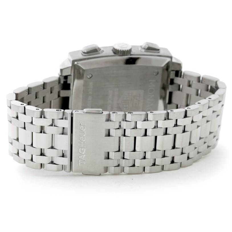 The image shows the backside and clasp of a Tag Heuer Monaco CW2113 Men's Stainless Steel Blue Dial CW2113 Men's Stainless Steel Blue Dial watch.