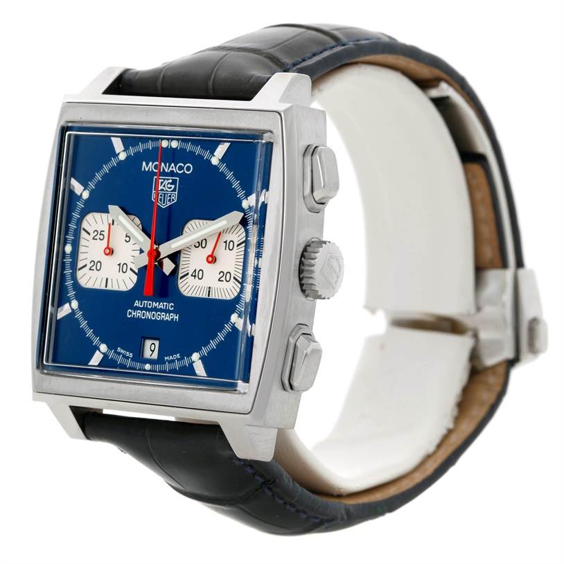 The Tag Heuer Monaco CW2113 Men
s Stainless Steel Blue Dial CW2113 Men
s Stainless Steel Blue Dial watch is shown at an angle displaying the dial, side buttons, and strap.