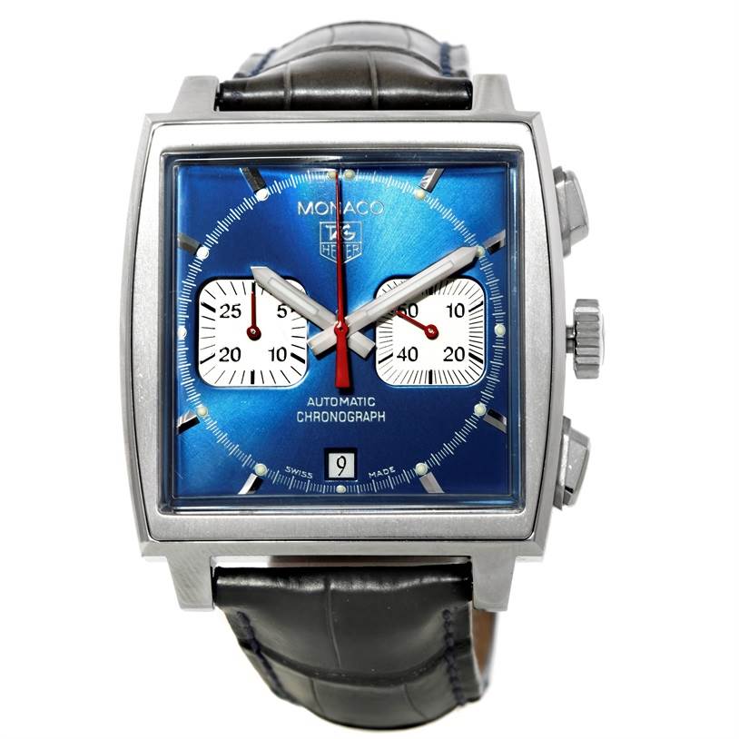 The image shows a front view of the Tag Heuer Monaco CW2113 Men
s Stainless Steel Blue Dial CW2113 Men
s Stainless Steel Blue Dial model watch, highlighting its blue dial, chronograph sub-dials, and date display.