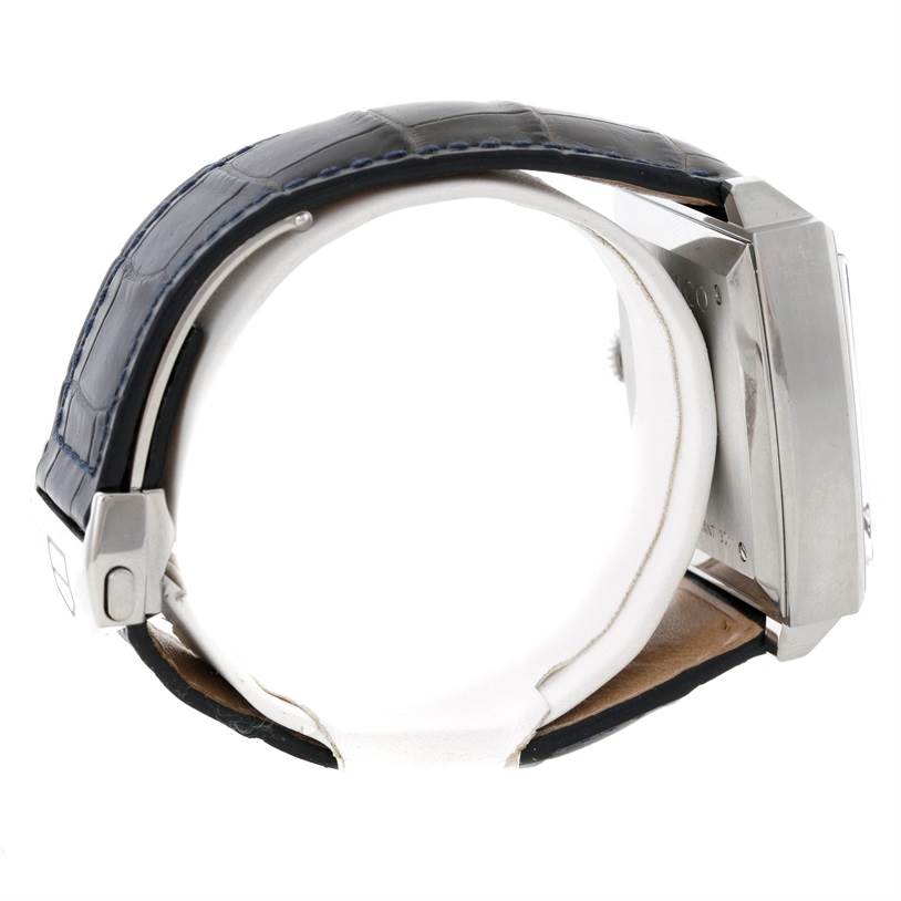 This image shows a side view of the Tag Heuer Monaco CW2113 Men
s Stainless Steel Blue Dial CW2113 Men
s Stainless Steel Blue Dial watch, highlighting the strap, buckle, and case.