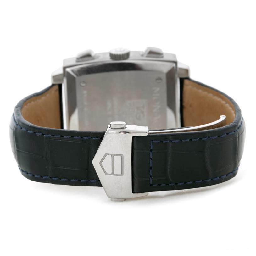 The image shows the back view of the Tag Heuer Monaco CW2113 Men
s Stainless Steel Blue Dial CW2113 Men
s Stainless Steel Blue Dial watch, focusing on the clasp and strap.