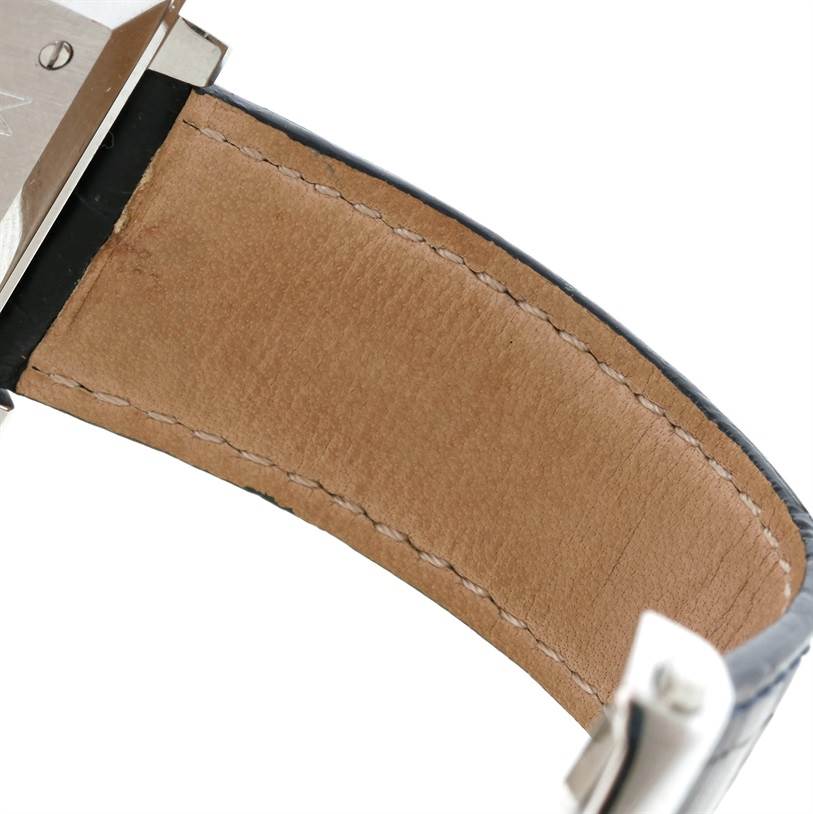 The image shows the side of the case and leather strap of a Tag Heuer Monaco CW2113 Men
s Stainless Steel Blue Dial CW2113 Men
s Stainless Steel Blue Dial watch, focusing on the stitching and attachment.