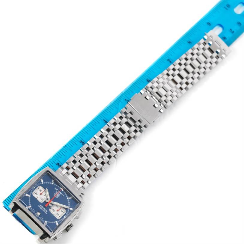 Top-down view of a Tag Heuer Monaco CW2113 Men's Stainless Steel Blue Dial CW2113 Men's Stainless Steel Blue Dial watch showcasing its square case, blue dial, and stainless steel bracelet.