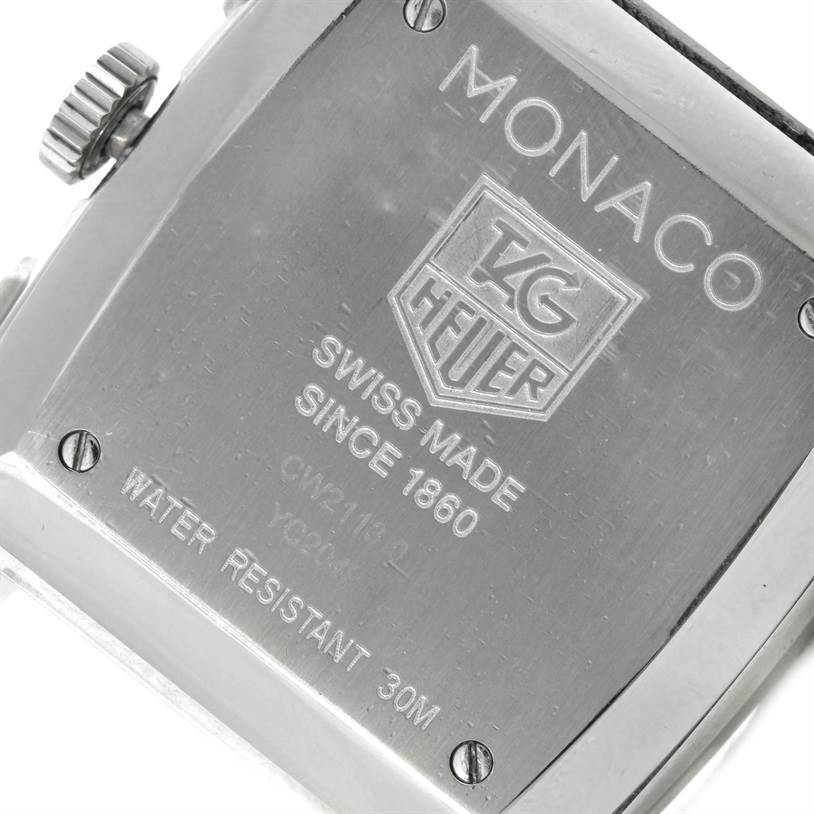 The image shows the back case of a Tag Heuer Monaco CW2113 Men's Stainless Steel Blue Dial CW2113 Men's Stainless Steel Blue Dial watch, highlighting branding and water resistance.