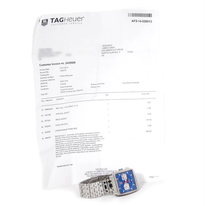 The image shows a Tag Heuer Monaco CW2113 Men's Stainless Steel Blue Dial CW2113 Men's Stainless Steel Blue Dial watch angled to display its face and bracelet, positioned next to a customer invoice.