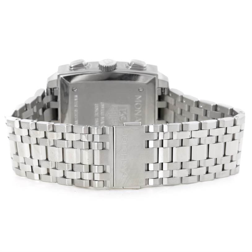 The image shows the back view of the Tag Heuer Monaco CW2113 Men's Stainless Steel Blue Dial CW2113 Men's Stainless Steel Blue Dial model watch, highlighting its stainless steel bracelet and clasp.