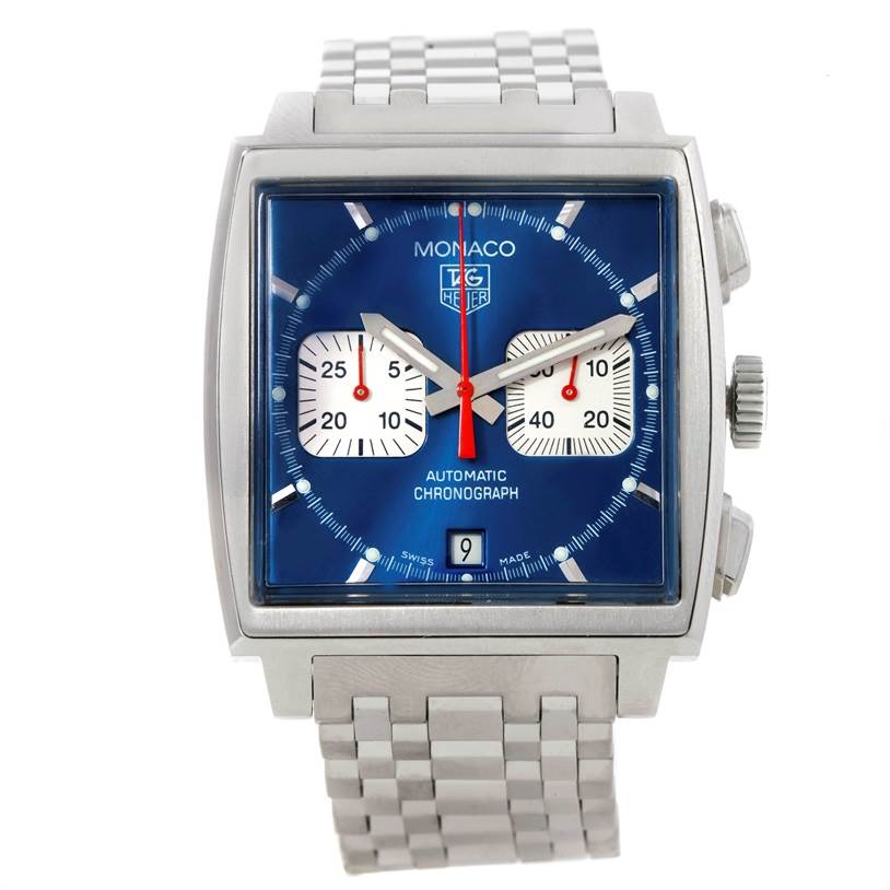 This image shows a front view of the Tag Heuer Monaco CW2113 Men's Stainless Steel Blue Dial CW2113 Men's Stainless Steel Blue Dial watch featuring its blue dial, square case, chronograph subdials, and bracelet.